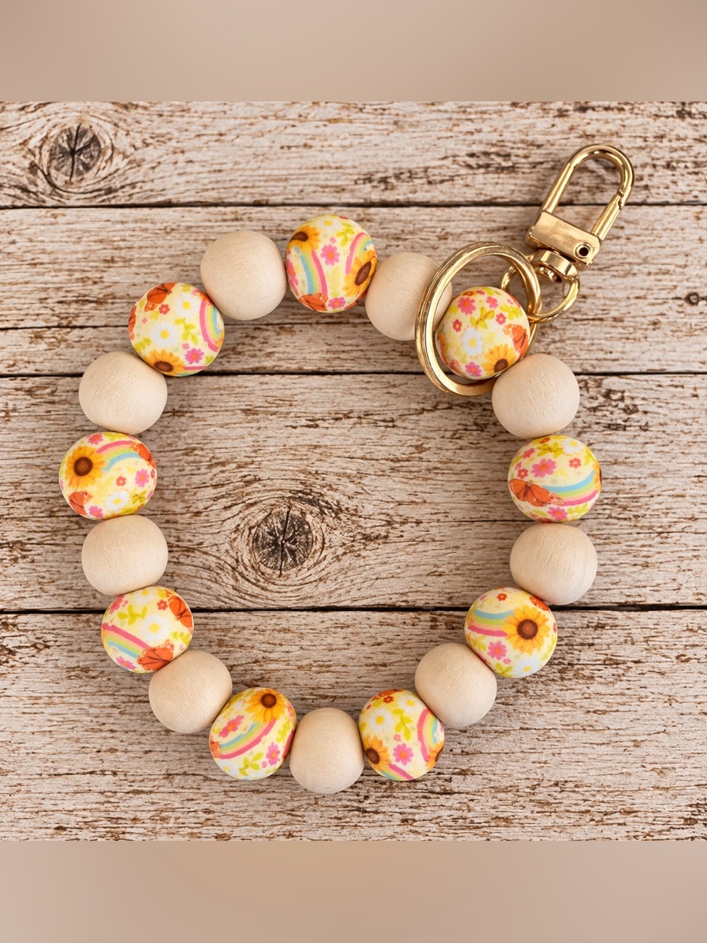 Wooden and Floral Sunflower Yellow Beaded Keychain Bracelet